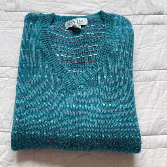 Vintage E.V.Ltd knit v neck sweater women XL warm retro birdseye pattern artsy - Picture 5 of 8